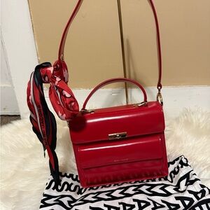 Marc Jacobs Red Patent Leather Top-Handle Satchel with Scarf Accent